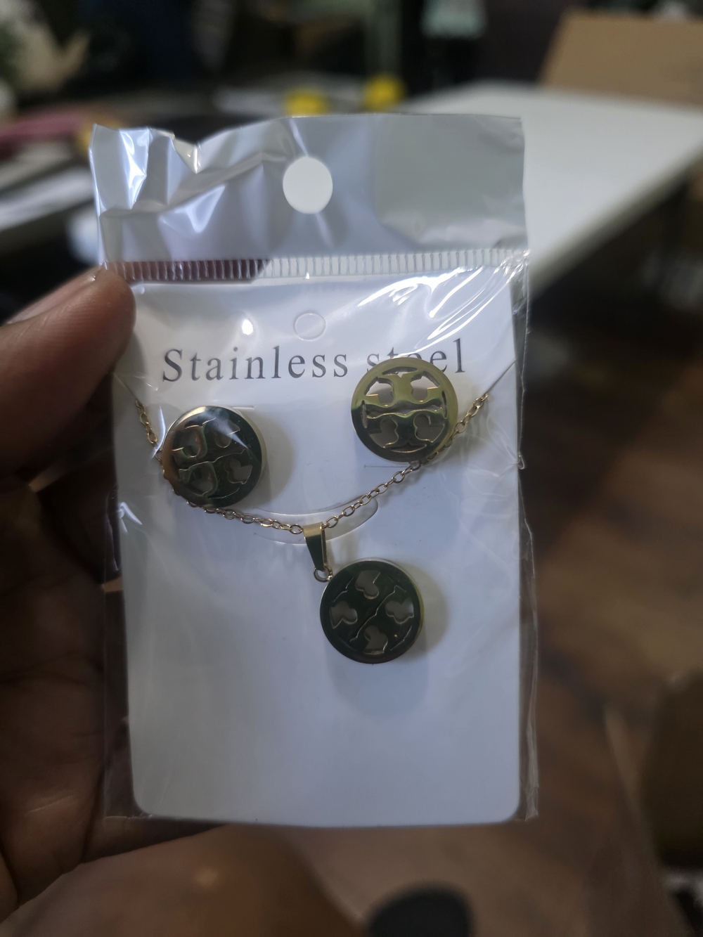 Stainless Steel Gold-Tone Green Round Pendant Necklace & Earrings Set